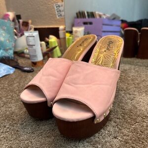 Qupid Pink Mules with Wooden Sole
